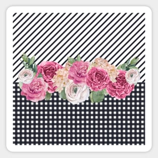 Pink floral Black Gingham / Pink roses / Black Pattern Sticker